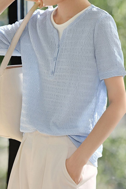 Faux Two-Piece Color-Block Pleated Short Sleeve - liwisi