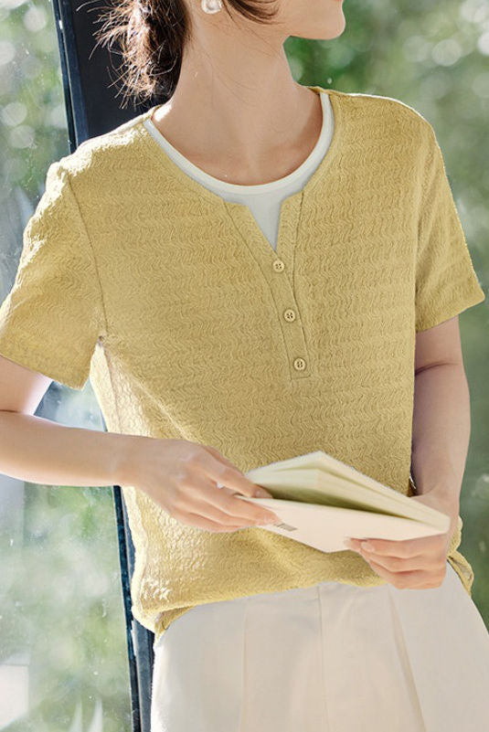Faux Two-Piece Color-Block Pleated Short Sleeve - liwisi
