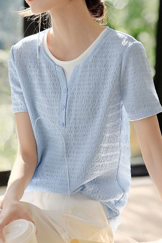 Faux Two-Piece Color-Block Pleated Short Sleeve - liwisi