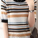 Color Block Striped Ribbed Short Sleeve - liwisi