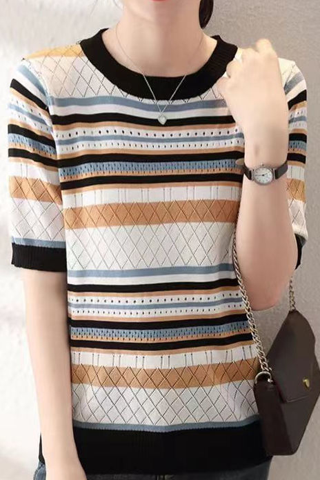 Color Block Striped Ribbed Short Sleeve - liwisi
