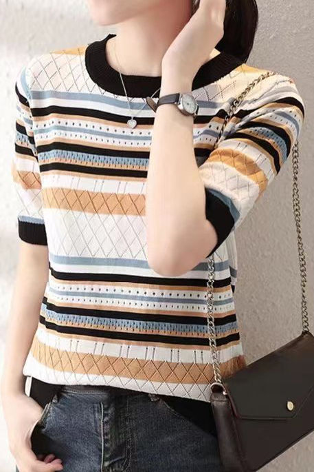 Color Block Striped Ribbed Short Sleeve - liwisi