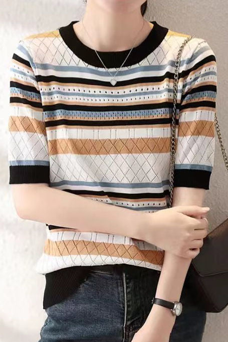 Color Block Striped Ribbed Short Sleeve - liwisi