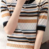 Color Block Striped Ribbed Short Sleeve - liwisi