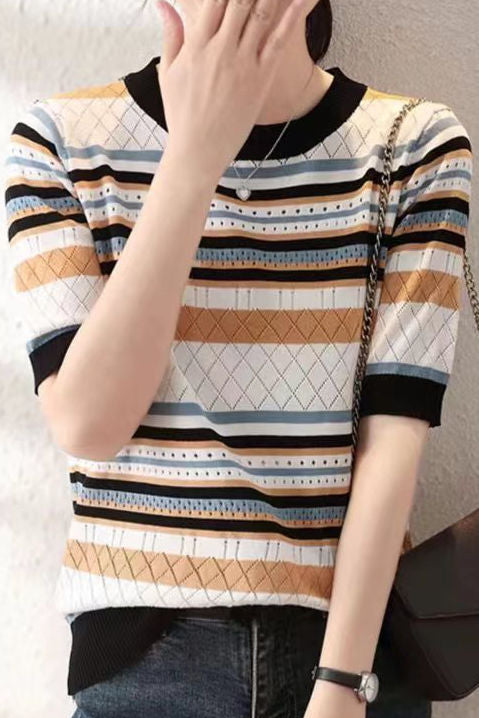 Color Block Striped Ribbed Short Sleeve - liwisi