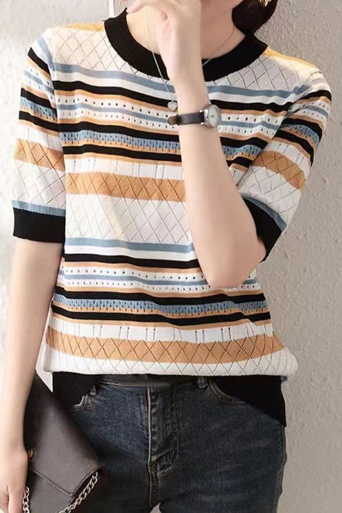 Color Block Striped Ribbed Short Sleeve - liwisi