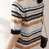 Color Block Striped Ribbed Short Sleeve - liwisi