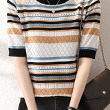 Color Block Striped Ribbed Short Sleeve - liwisi