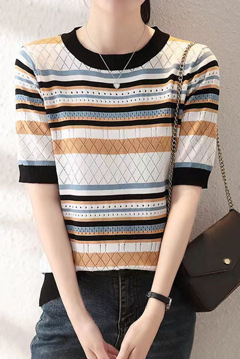 Color Block Striped Ribbed Short Sleeve - liwisi