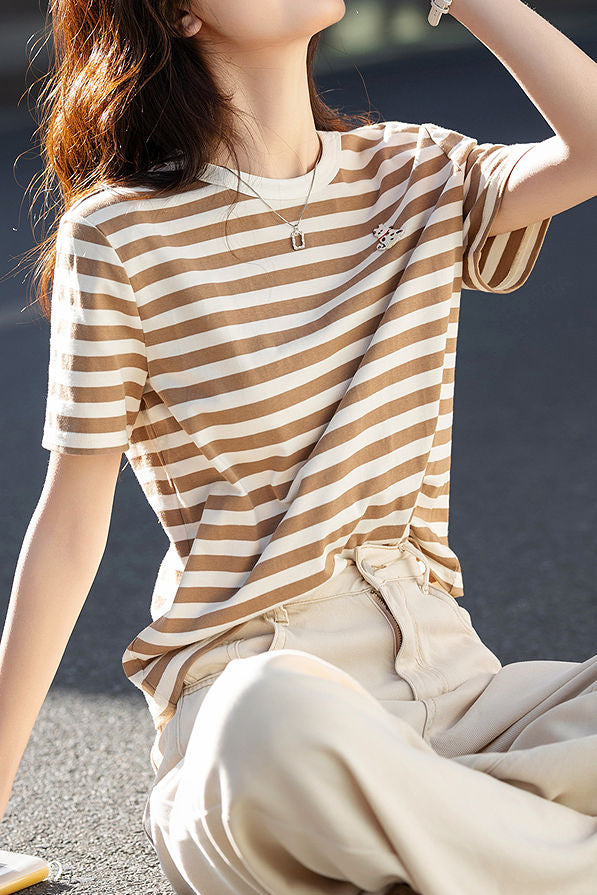 Casual Simple Color-blocking Striped T-shirt - liwisi