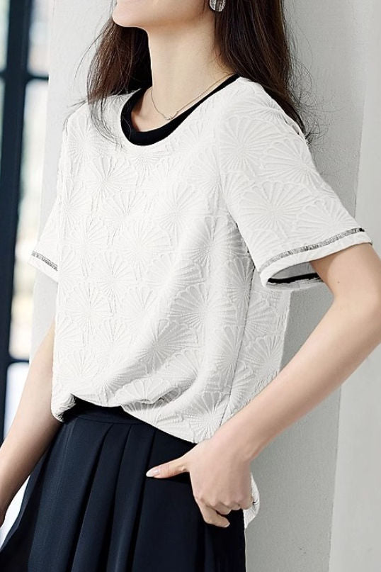Textured Color Block Collar Short Sleeve - liwisi