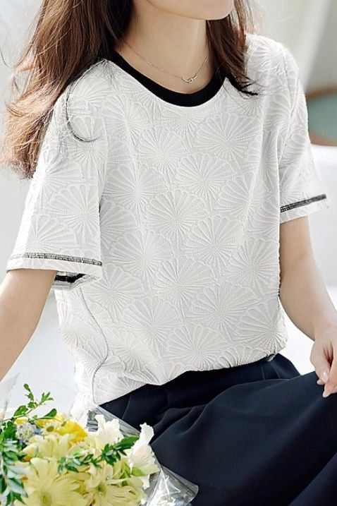 Textured Color Block Collar Short Sleeve - liwisi