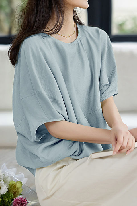 Solid Color Textured Drop Shoulder Bat Sleeve Shirt - liwisi
