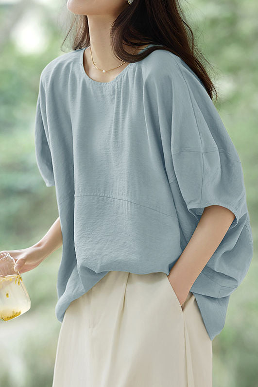 Solid Color Textured Drop Shoulder Bat Sleeve Shirt - liwisi