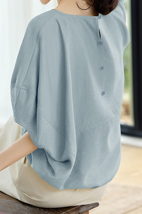 Solid Color Textured Drop Shoulder Bat Sleeve Shirt - liwisi
