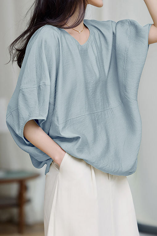 Solid Color Textured Drop Shoulder Bat Sleeve Shirt - liwisi