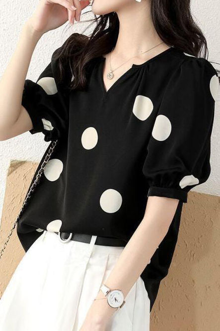 Stylish Loose Polka Dot Puff Sleeve - liwisi