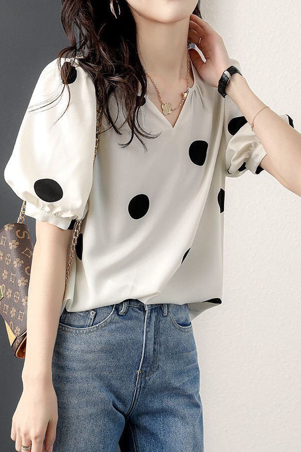 Stylish Loose Polka Dot Puff Sleeve - liwisi