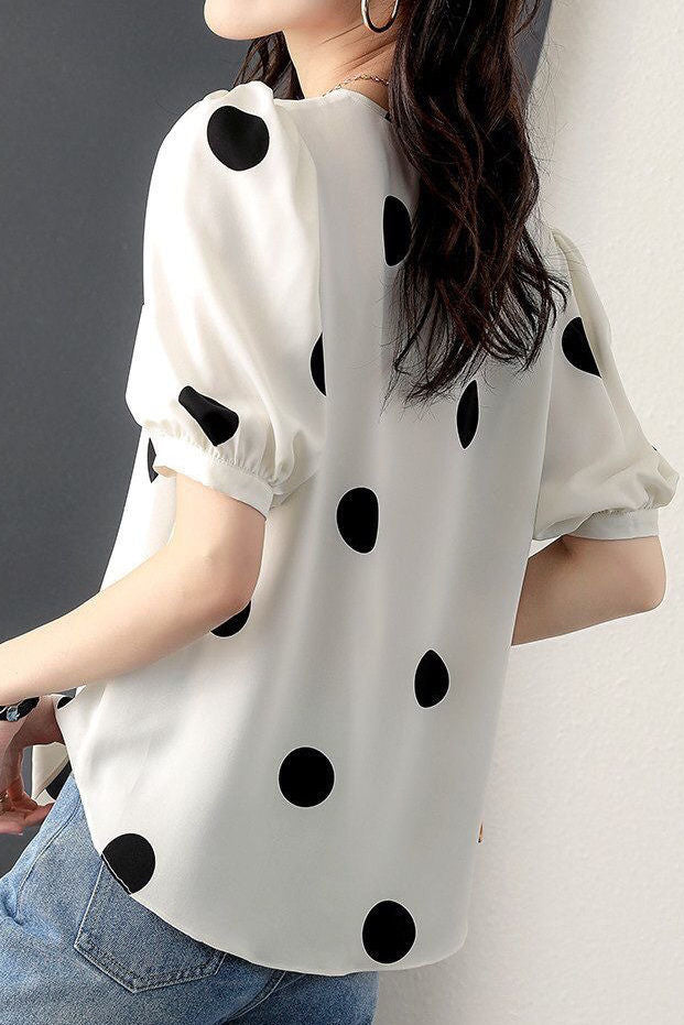 Stylish Loose Polka Dot Puff Sleeve - liwisi
