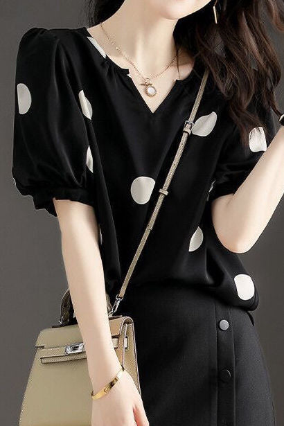 Stylish Loose Polka Dot Puff Sleeve - liwisi