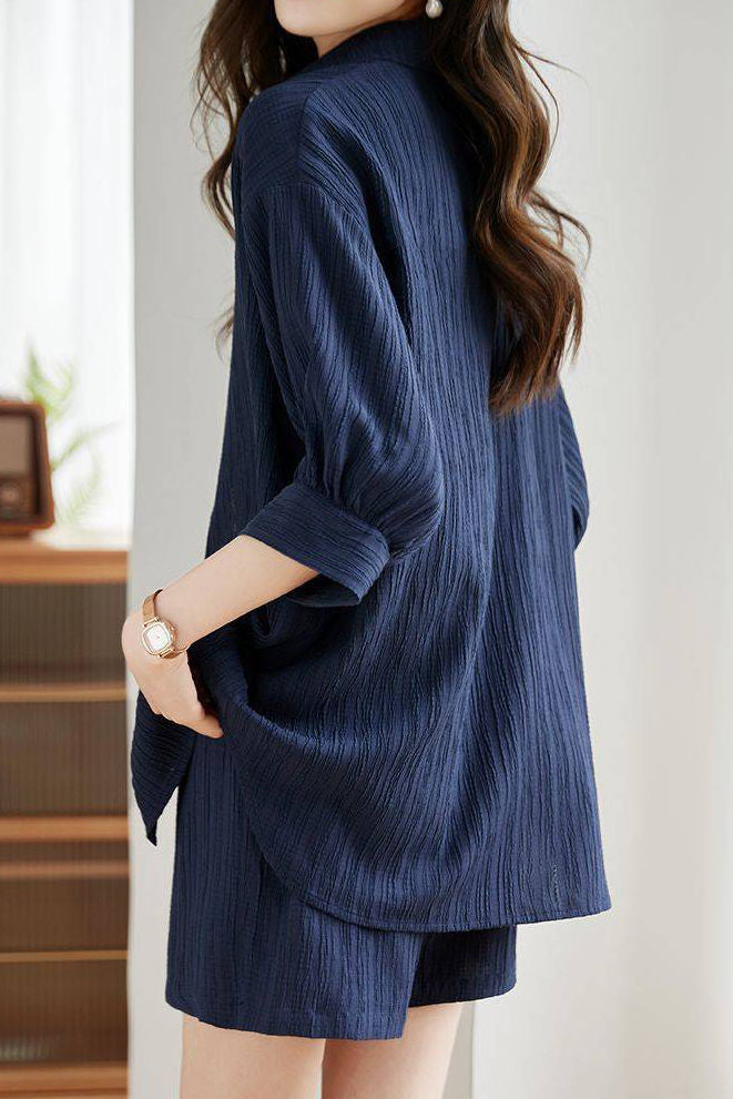 Textured Drop Shoulder Short Sleeve Shirt and Shorts Set - liwisi