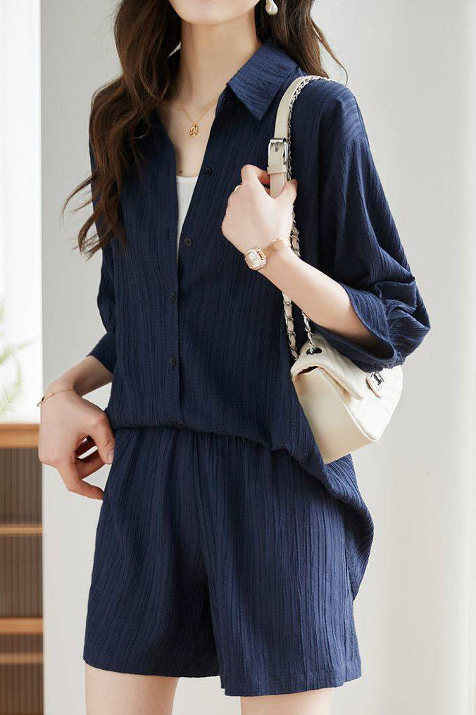 Textured Drop Shoulder Short Sleeve Shirt and Shorts Set - liwisi