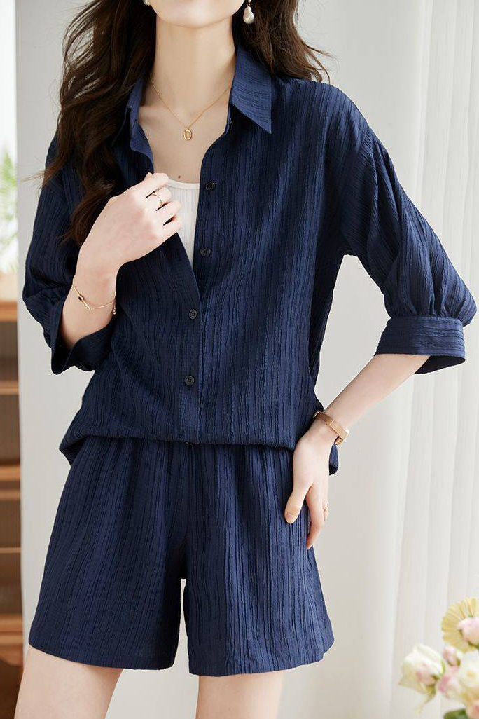 Textured Drop Shoulder Short Sleeve Shirt and Shorts Set - liwisi