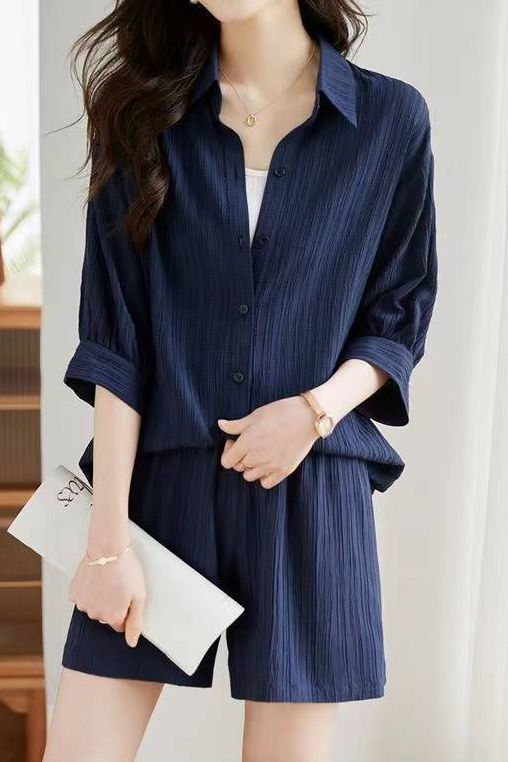 Textured Drop Shoulder Short Sleeve Shirt and Shorts Set - liwisi
