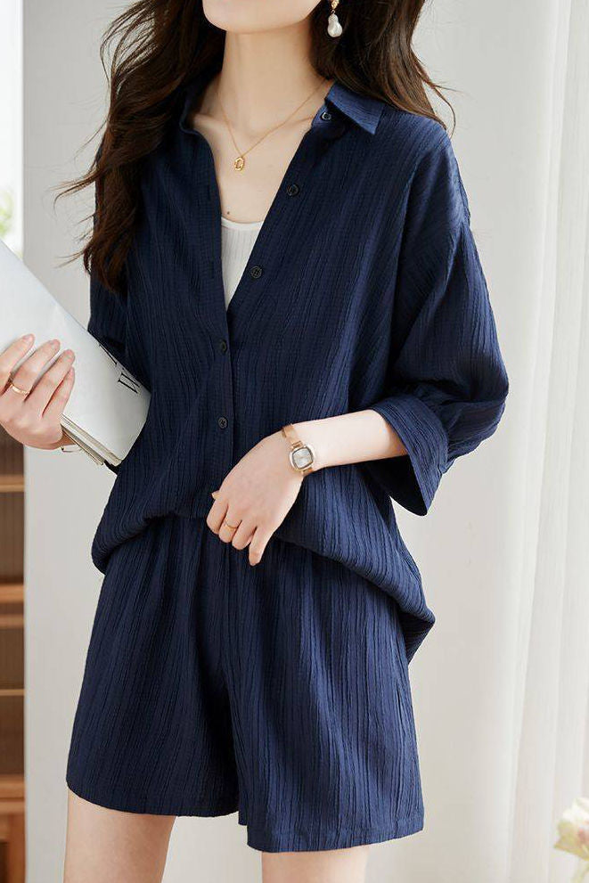 Textured Drop Shoulder Short Sleeve Shirt and Shorts Set - liwisi
