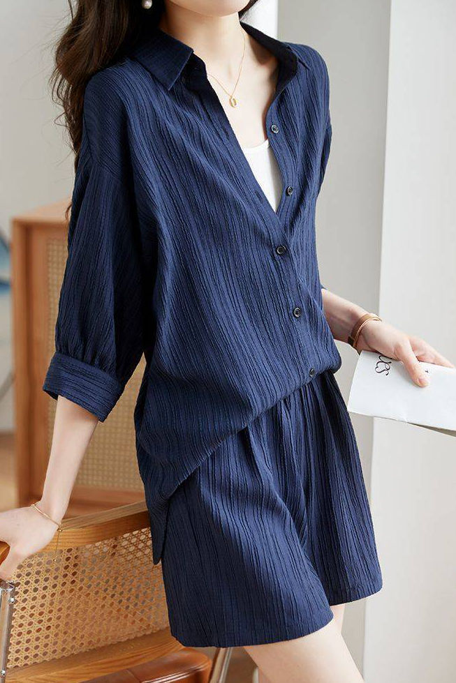 Textured Drop Shoulder Short Sleeve Shirt and Shorts Set - liwisi