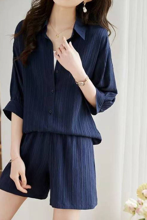 Textured Drop Shoulder Short Sleeve Shirt and Shorts Set - liwisi