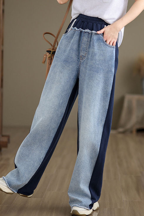 Simple Color Block Frayed Straight Pants - liwisi