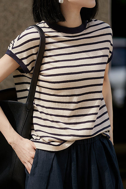 Color Block Striped Knit T-Shirt - liwisi