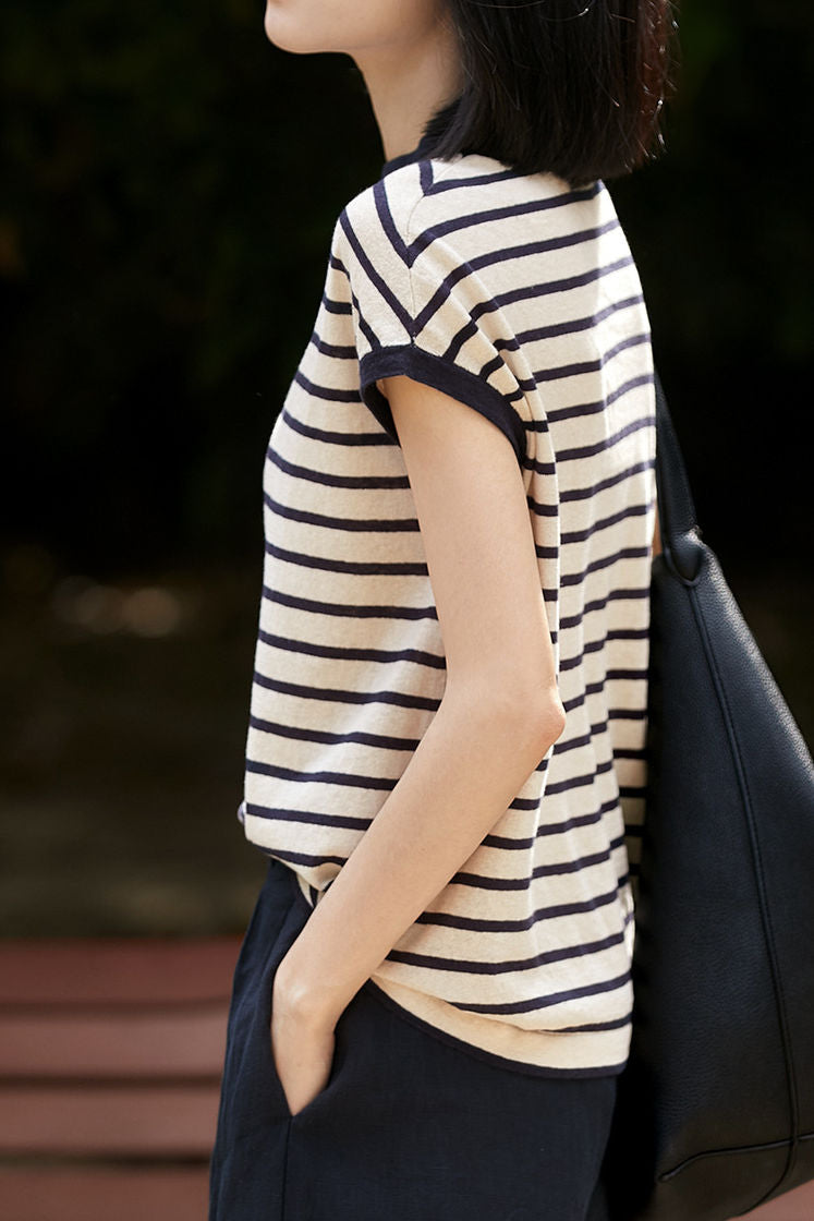 Color Block Striped Knit T-Shirt - liwisi