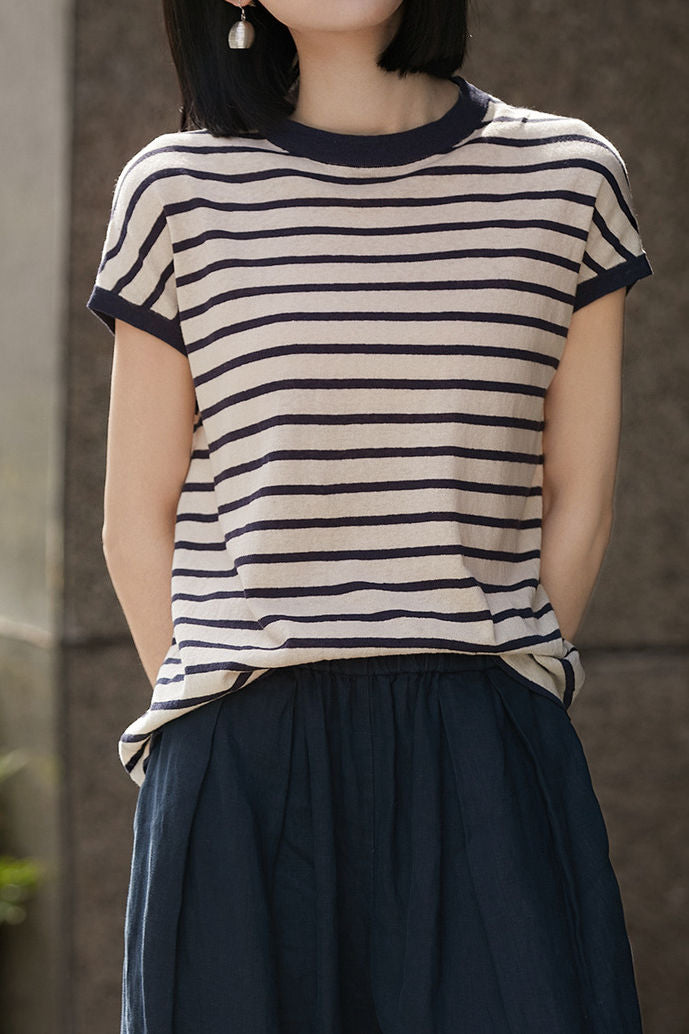 Color Block Striped Knit T-Shirt - liwisi