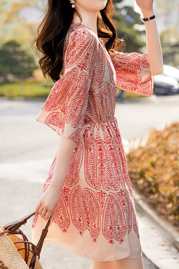 V-Neck Printed Waist-Defined Dress - liwisi