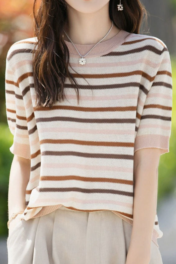 Striped Color Block Round Neck Knit T-Shirt - liwisi