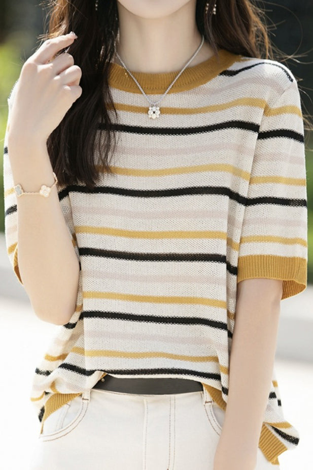 Striped Color Block Round Neck Knit T-Shirt - liwisi