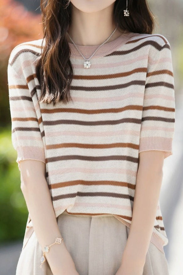 Striped Color Block Round Neck Knit T-Shirt - liwisi