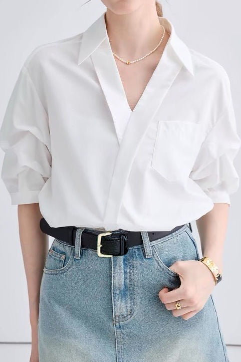 Casual Loose French V-Neck Shirt - liwisi