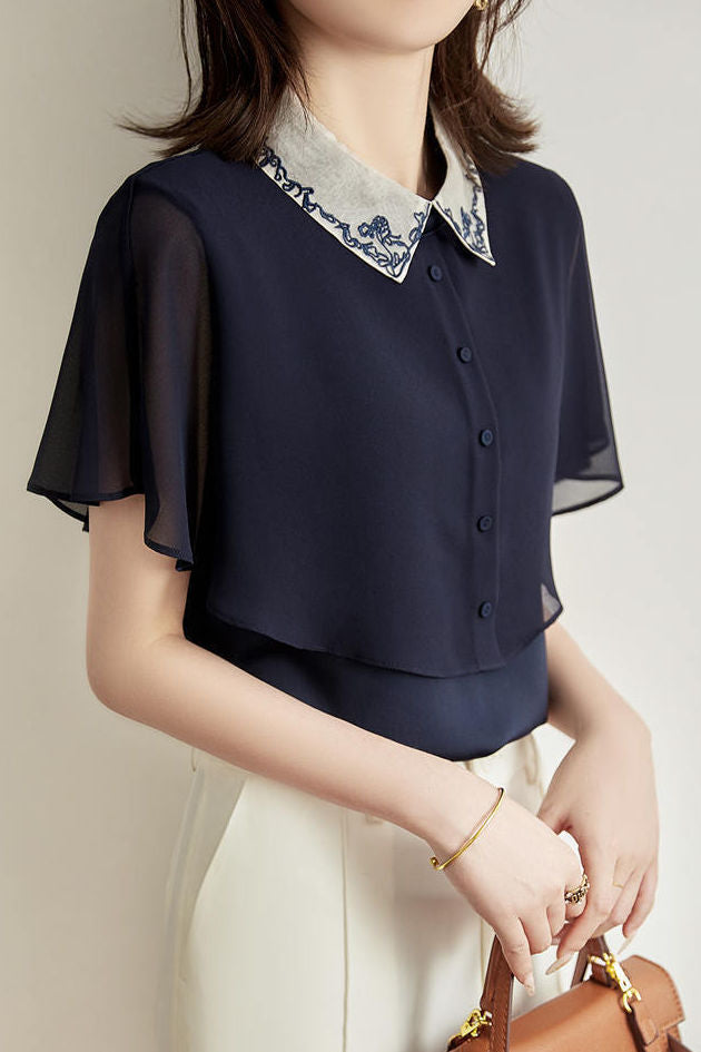 Collared Embroidered Cape Shirt - liwisi