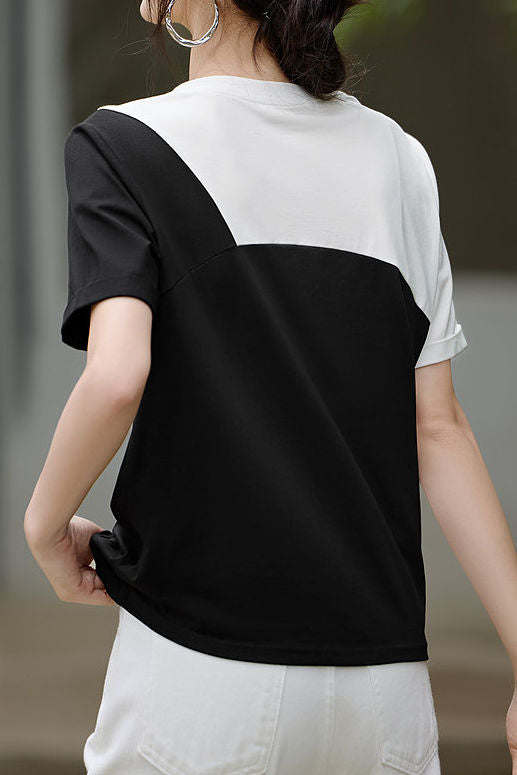 Color Block Patchwork Round Neck T-Shirt - liwisi