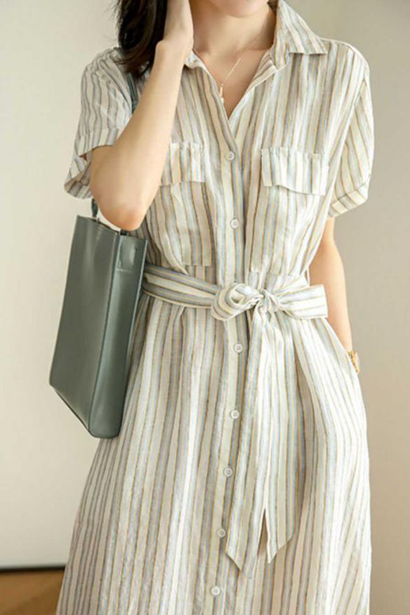 Tie-Front Striped Short Sleeve Shirt Dress - liwisi