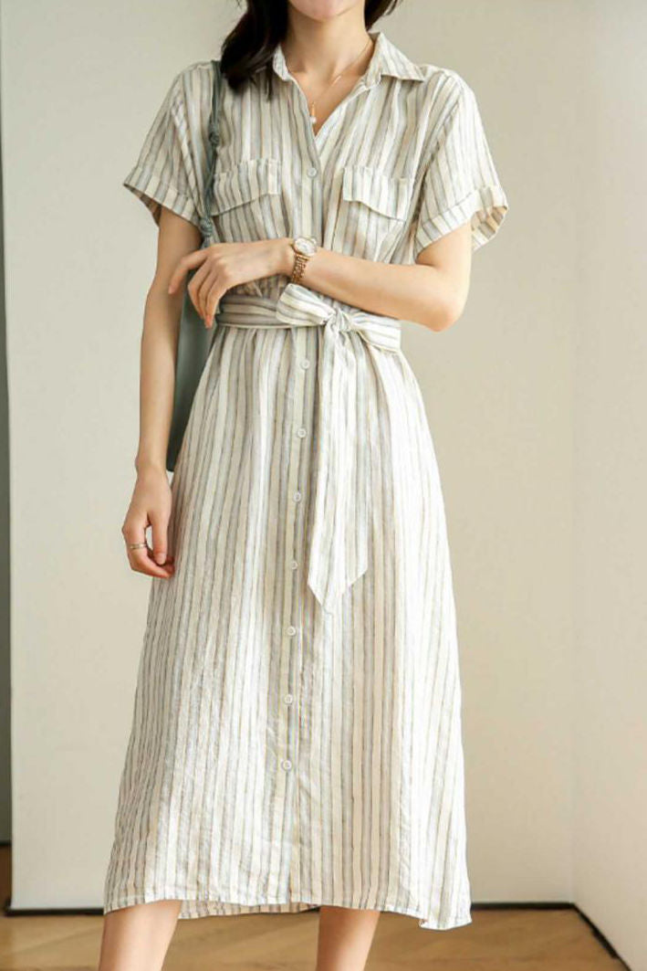 Tie-Front Striped Short Sleeve Shirt Dress - liwisi