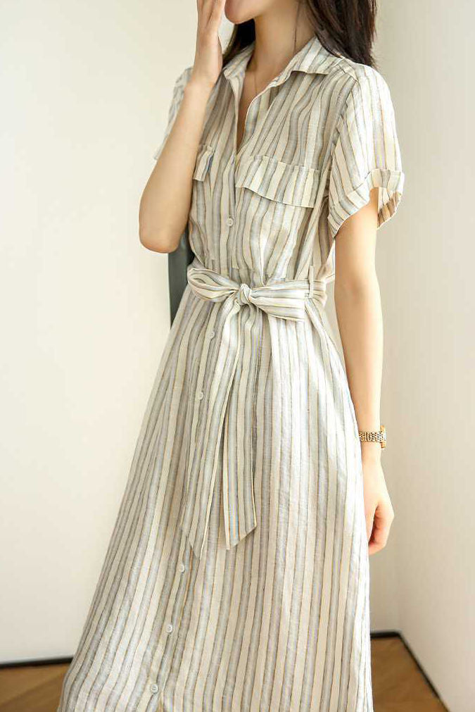Tie-Front Striped Short Sleeve Shirt Dress - liwisi