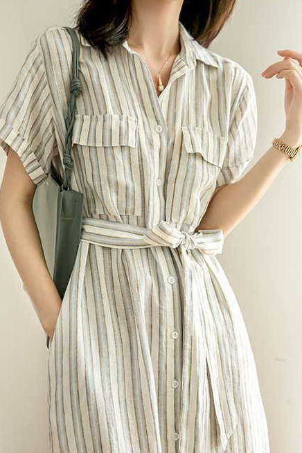 Tie-Front Striped Short Sleeve Shirt Dress - liwisi