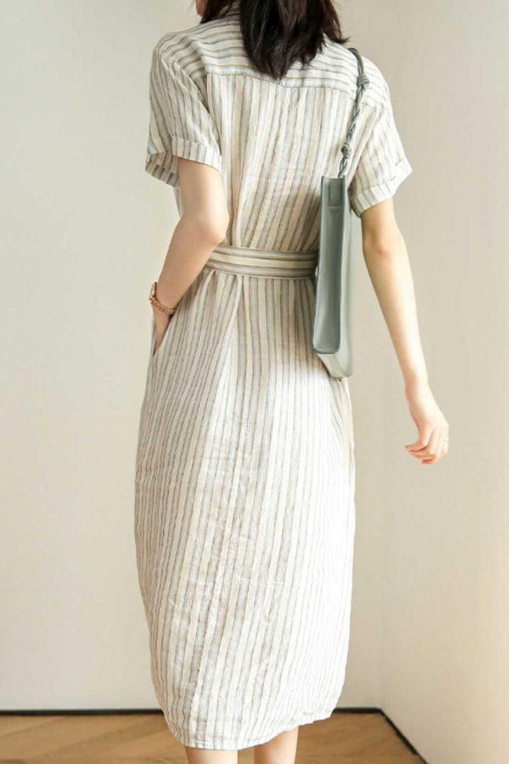 Tie-Front Striped Short Sleeve Shirt Dress - liwisi