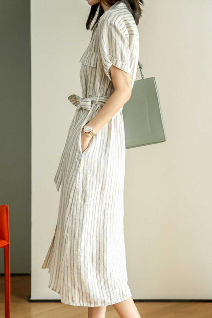 Tie-Front Striped Short Sleeve Shirt Dress - liwisi