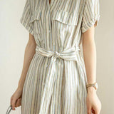 Tie-Front Striped Short Sleeve Shirt Dress - liwisi