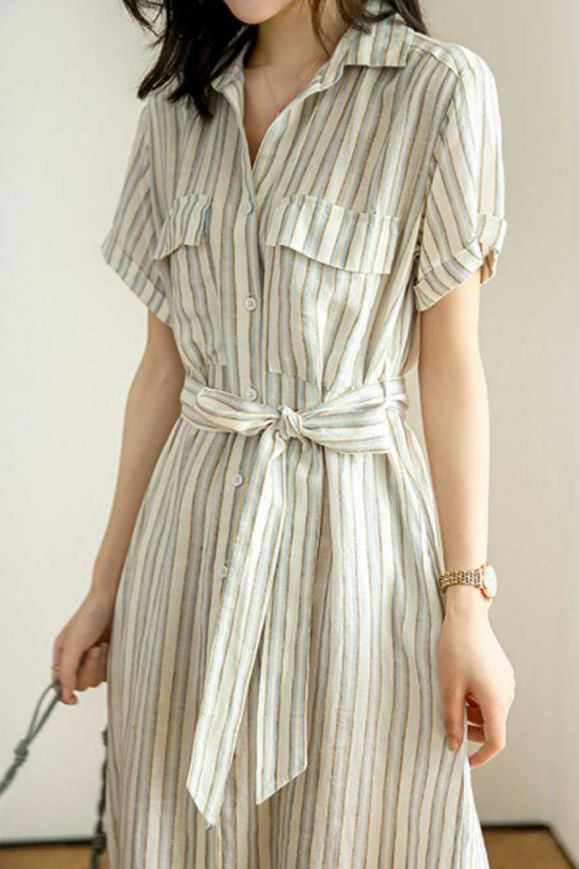 Tie-Front Striped Short Sleeve Shirt Dress - liwisi